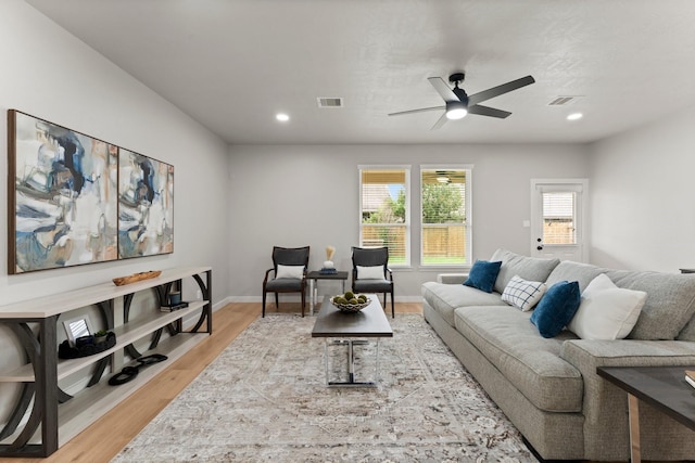 30742 Gardenia Trace Dr, Spring, TX 77386 - living area featuring light wood-style flooring, ceiling fan, and recessed lighting
