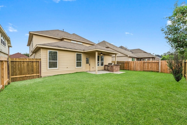 30742 Gardenia Trace Dr, Spring, TX 77386 - rear view of property featuring a ceiling fan, a patio area, a fenced backyard, and a shingled roof