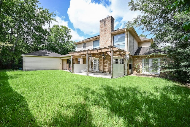 11811 Braesridge Dr, Houston, TX 77071 - rear view of property featuring a pergola, a patio area, a lawn, and a chimney