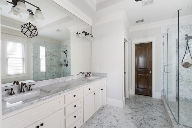 339 W 23rd St Unit A, Houston, TX 77008 - bathroom with a stall shower, crown molding, and double vanity