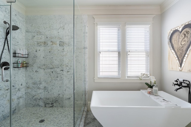 339 W 23rd St Unit A, Houston, TX 77008 - bathroom featuring a freestanding bath, a shower stall, and ornamental molding
