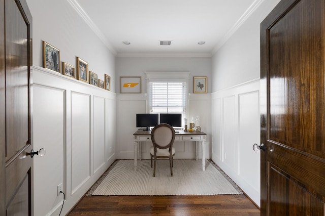 339 W 23rd St Unit A, Houston, TX 77008 - home office with a decorative wall, crown molding, wood finished floors, and a wainscoted wall