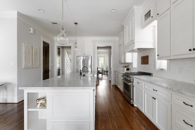 339 W 23rd St Unit A, Houston, TX 77008 - kitchen with premium appliances, open shelves, dark wood-style flooring, white cabinets, and crown molding