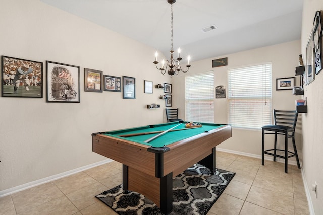 15006 Zenith Glen Ln, Cypress, TX 77429 - game room with light tile patterned flooring, billiards, vaulted ceiling, and a chandelier