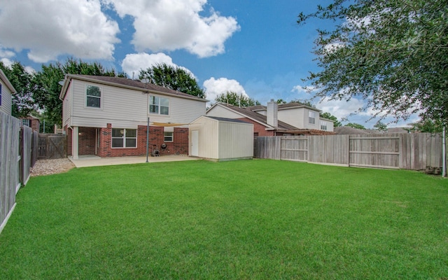 17515 Prospect Meadows Dr, Houston, TX 77095 - back of house with a patio, brick siding, a fenced backyard, and a shed