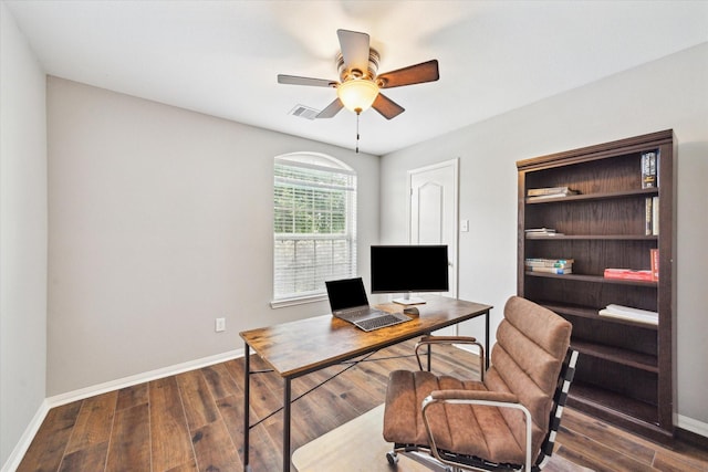 6910 Lamar Park Ln, Houston, TX 77049 - office with a ceiling fan and dark wood-type flooring