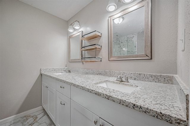 9215 Golden Meadow Dr, Houston, TX 77064 - full bath with double vanity, marble look tiles, and a marble finish shower