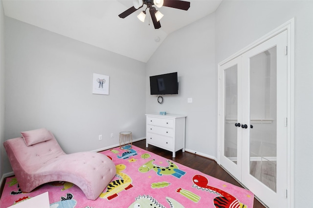 4610 Western Brook Dr, Spring, TX 77388 - bedroom featuring vaulted ceiling, french doors, dark wood-style floors, and a ceiling fan