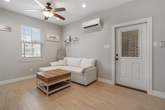 12118 Enclave Ct, Santa Fe, TX 77510 - living area featuring a wall mounted air conditioner, ceiling fan, recessed lighting, and light wood-style floors