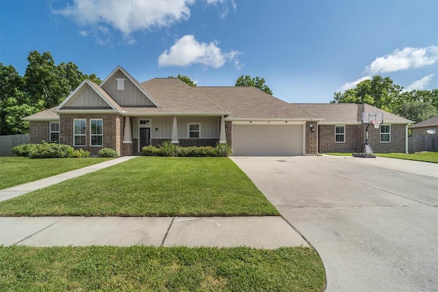 12118 Enclave Ct, Santa Fe, TX 77510 - craftsman-style house with an attached garage, driveway, brick siding, and board and batten siding