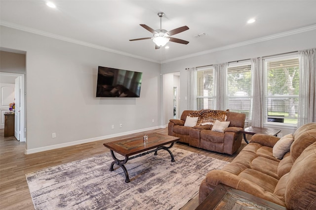 12118 Enclave Ct, Santa Fe, TX 77510 - living area with a ceiling fan, wood finished floors, ornamental molding, and recessed lighting