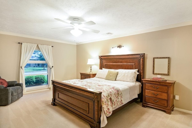 22419 Kent Falls Dr, Katy, TX 77450 - bedroom with light colored carpet, ornamental molding, and ceiling fan