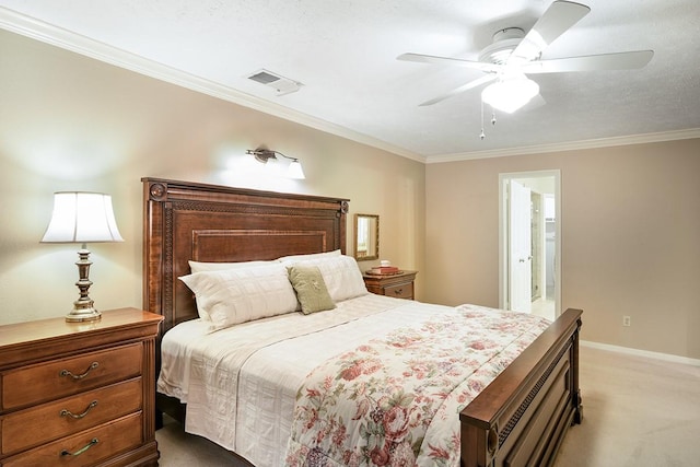 22419 Kent Falls Dr, Katy, TX 77450 - bedroom with light colored carpet, ornamental molding, a ceiling fan, and connected bathroom