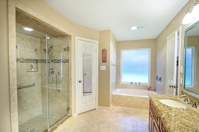 22419 Kent Falls Dr, Katy, TX 77450 - bathroom featuring a bath, a stall shower, vanity, and tile patterned floors