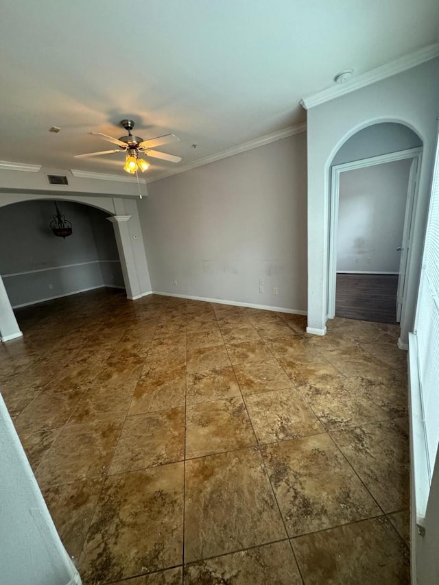 6289 Wilcrest Dr Unit 7101, Houston, TX 77072 - unfurnished living room featuring arched walkways, ceiling fan, crown molding, and tile patterned flooring