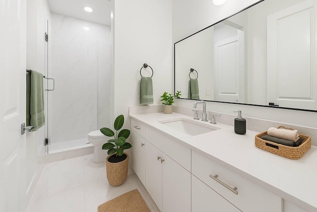 10927 Brookeshire Chase Ln, Houston, TX 77043 - bathroom featuring vanity, a stall shower, tile patterned floors, and recessed lighting