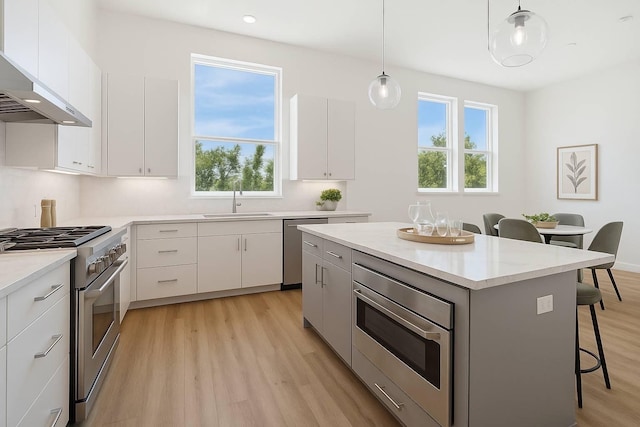 10927 Brookeshire Chase Ln, Houston, TX 77043 - kitchen featuring stainless steel appliances, ventilation hood, a breakfast bar, light wood-style floors, and a center island