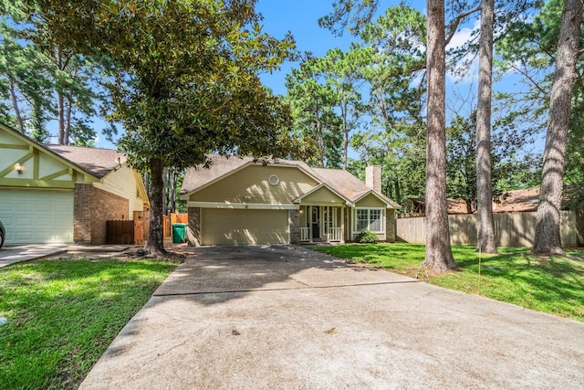 6 Fairmeade Bend Dr, The Woodlands, TX 77381 - ranch-style house featuring driveway, a chimney, a garage, and brick siding