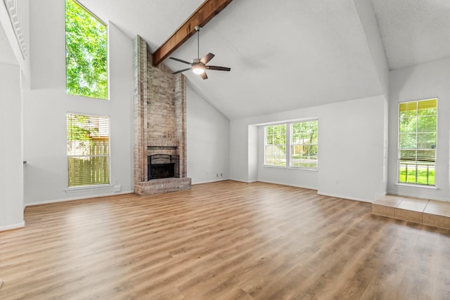 6 Fairmeade Bend Dr, The Woodlands, TX 77381 - unfurnished living room with high vaulted ceiling, ceiling fan, beamed ceiling, a fireplace, and wood finished floors