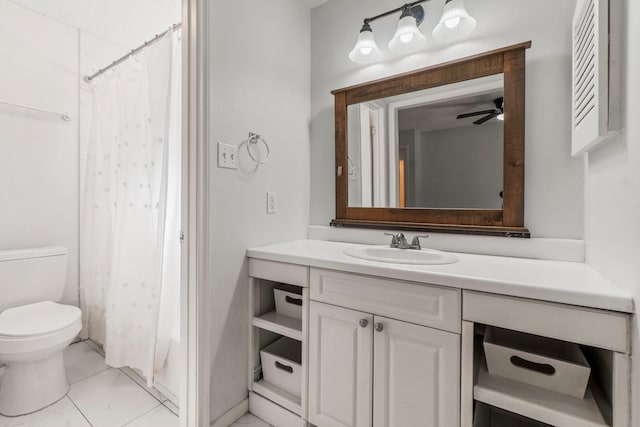 6 Fairmeade Bend Dr, The Woodlands, TX 77381 - bathroom featuring vanity, a ceiling fan, a shower with shower curtain, and tile patterned floors