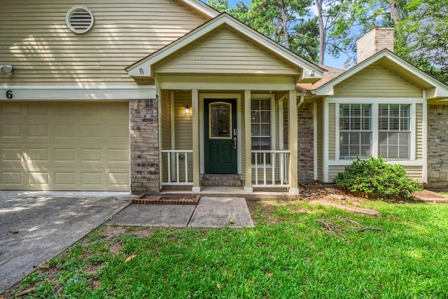 6 Fairmeade Bend Dr, The Woodlands, TX 77381 - view of front of house with brick siding, a chimney, concrete driveway, an attached garage, and a front yard