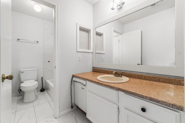 6 Fairmeade Bend Dr, The Woodlands, TX 77381 - bathroom with vanity, marble look tiles, and bathtub / shower combination