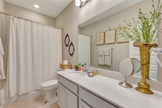 2507 Bay Breeze Dr, Kemah, TX 77565 - bathroom with vanity, shower / tub combo, tile patterned floors, and recessed lighting