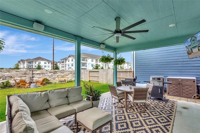 2507 Bay Breeze Dr, Kemah, TX 77565 - view of patio / terrace featuring outdoor dining area, outdoor lounge area, ceiling fan, and a residential view