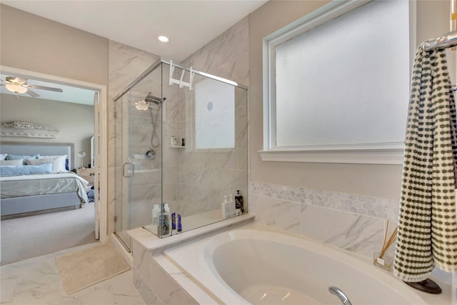 2507 Bay Breeze Dr, Kemah, TX 77565 - ensuite bathroom with a garden tub, a shower stall, marble look tile flooring, ceiling fan, and recessed lighting