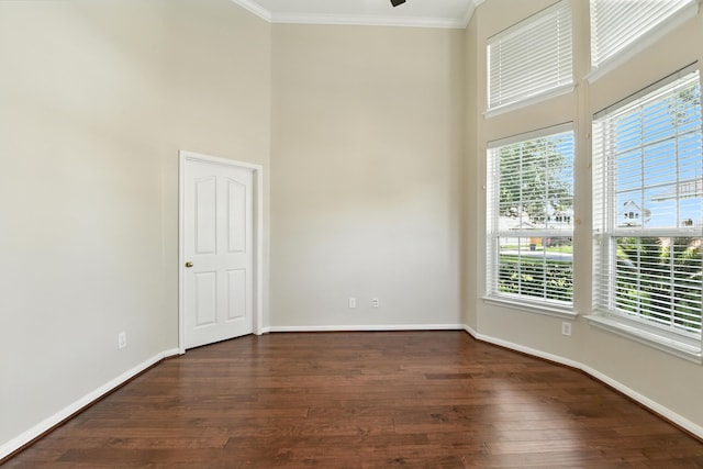 6538 Ivy Heath Ln, Houston, TX 77041 - unfurnished room with a high ceiling, ornamental molding, and dark wood-type flooring