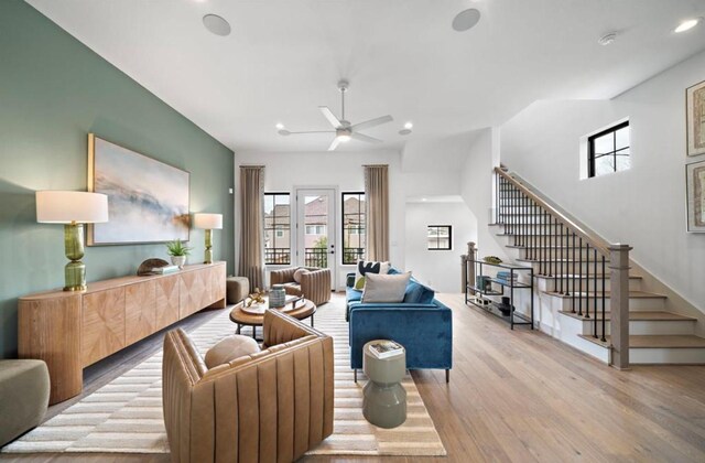 8707 Padua Ln, Houston, TX 77055 - living room featuring plenty of natural light, stairs, ceiling fan, wood finished floors, and recessed lighting