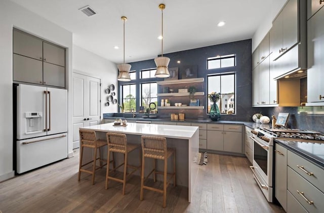8707 Padua Ln, Houston, TX 77055 - kitchen featuring premium appliances, gray cabinets, plenty of natural light, wood finished floors, and recessed lighting