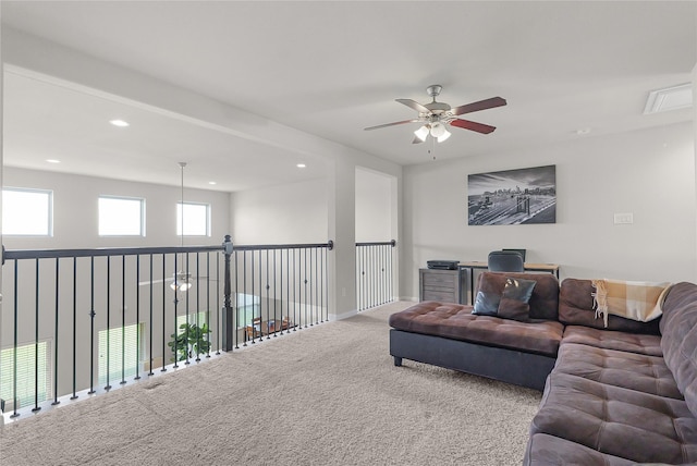 18519 Orono Ridge Trl, Richmond, TX 77407 - living area with a ceiling fan, recessed lighting, and carpet flooring