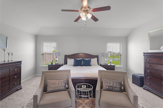 18519 Orono Ridge Trl, Richmond, TX 77407 - carpeted bedroom with multiple windows, lofted ceiling, and a ceiling fan