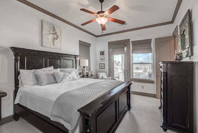 4216 Karankawa Way, Jamaica Beach, TX 77554 - bedroom with light carpet, access to exterior, ceiling fan, and crown molding