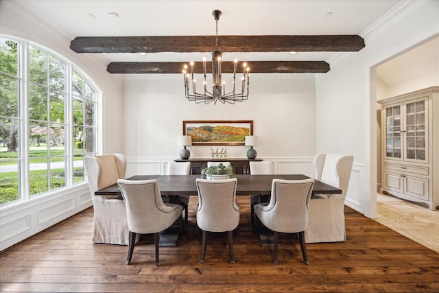 2 Hedwig Shadows Dr, Houston, TX 77024 - dining area with a chandelier, a decorative wall, beam ceiling, dark wood-style floors, and plenty of natural light