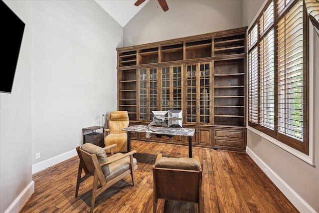 2 Hedwig Shadows Dr, Houston, TX 77024 - home office featuring a ceiling fan, dark wood-style flooring, and high vaulted ceiling