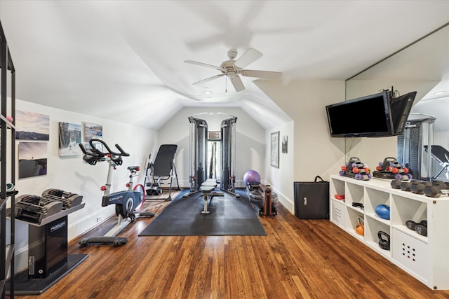 2 Hedwig Shadows Dr, Houston, TX 77024 - exercise room featuring wood finished floors, a ceiling fan, and lofted ceiling