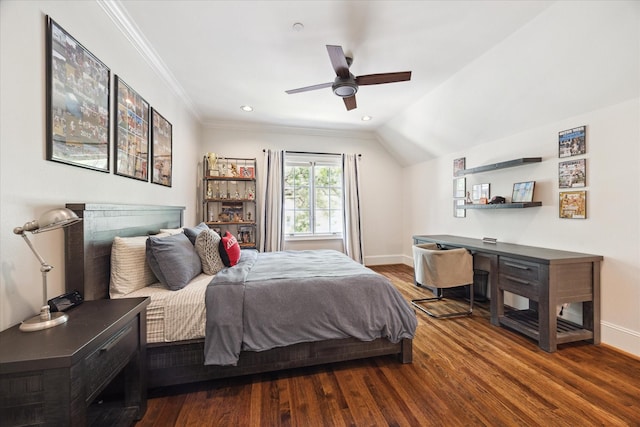 2 Hedwig Shadows Dr, Houston, TX 77024 - bedroom featuring wood finished floors, crown molding, vaulted ceiling, a desk, and a ceiling fan