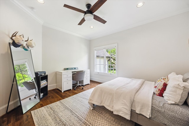 2 Hedwig Shadows Dr, Houston, TX 77024 - bedroom featuring crown molding, multiple windows, recessed lighting, a desk, and dark wood finished floors