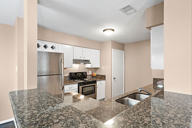 2211 S Kirkwood Rd Unit 23, Houston, TX 77077 - kitchen featuring stainless steel appliances, under cabinet range hood, white cabinetry, and a peninsula
