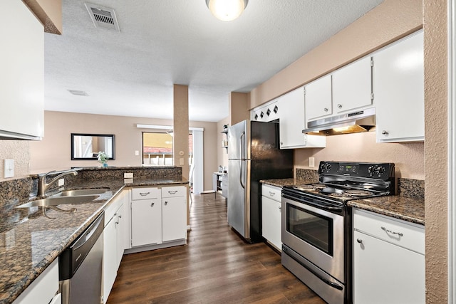 2211 S Kirkwood Rd Unit 23, Houston, TX 77077 - kitchen featuring appliances with stainless steel finishes, under cabinet range hood, dark wood finished floors, white cabinetry, and dark stone counters