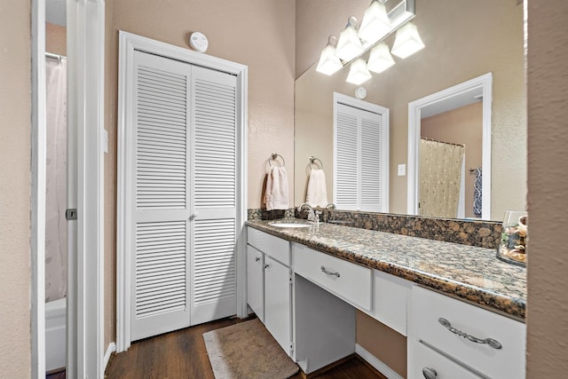 2211 S Kirkwood Rd Unit 23, Houston, TX 77077 - bathroom with a closet, vanity, wood finished floors, and curtained shower