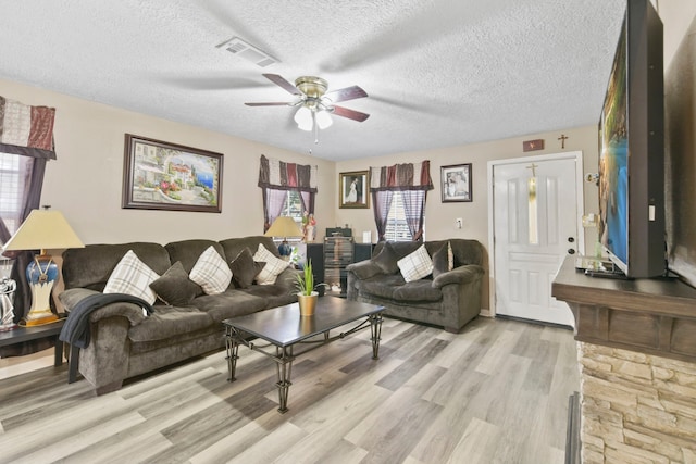 315 E Adoue St, Baytown, TX 77520 - living area featuring light wood-style flooring, ceiling fan, and a textured ceiling