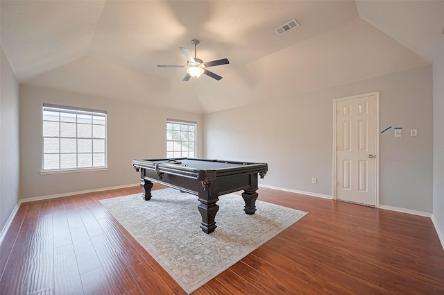 3402 Santa Catalina Ct, Katy, TX 77450 - rec room featuring a ceiling fan, lofted ceiling, pool table, and wood finished floors