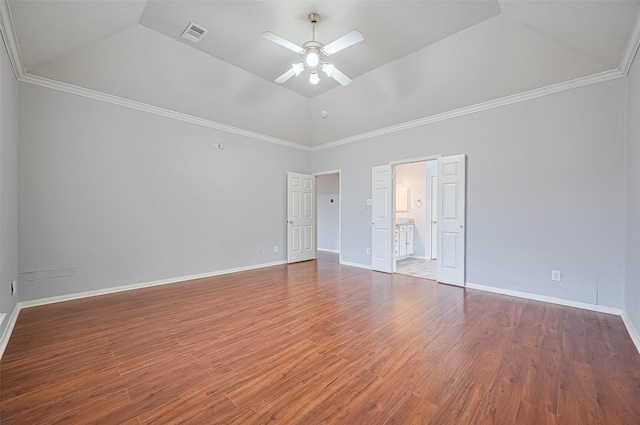 3402 Santa Catalina Ct, Katy, TX 77450 - unfurnished room featuring ceiling fan, wood finished floors, high vaulted ceiling, and ornamental molding