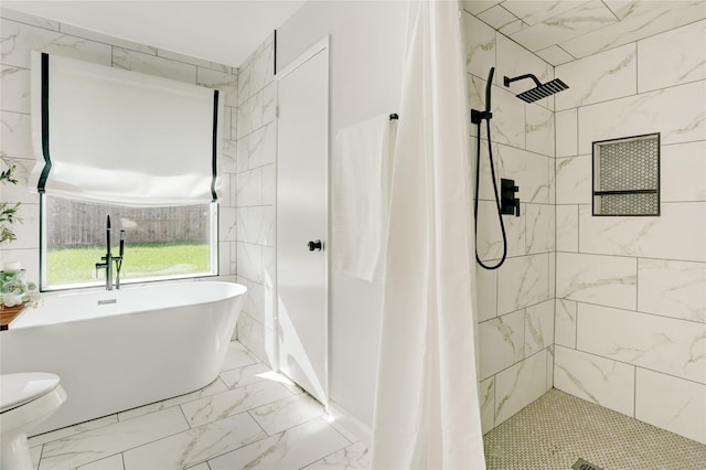 2510 Trailside Ct, Sugar Land, TX 77479 - bathroom featuring marble finish floors, a freestanding bath, and tiled shower