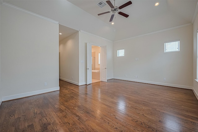 1035 E 28th St, Houston, TX 77009 - spare room with a ceiling fan, dark wood-style flooring, ornamental molding, lofted ceiling, and recessed lighting