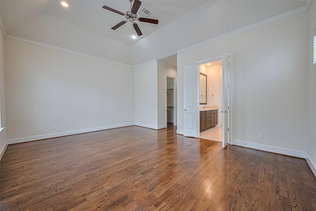 1035 E 28th St, Houston, TX 77009 - unfurnished room featuring ceiling fan, dark wood-style flooring, ornamental molding, and recessed lighting