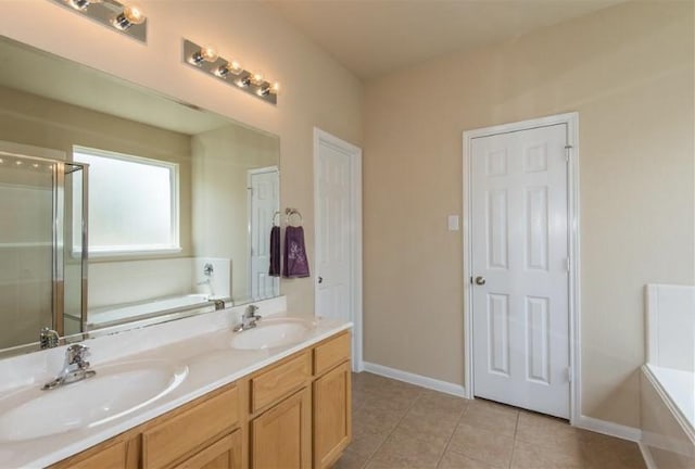 8615 Debbie Terrace Dr, Cypress, TX 77433 - full bathroom with a bath, double vanity, tile patterned flooring, and a shower with door